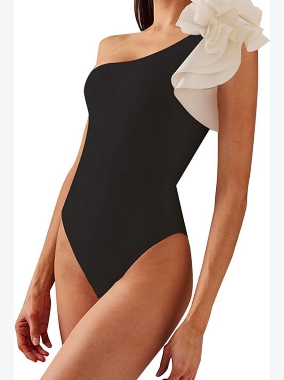 One-Shoulder Black & White Floral-Accent Women's Swimsuit